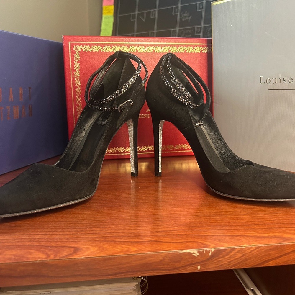Suede Swarovski  ankle straps black 3”  heel (Rene Caovilla - size 38)